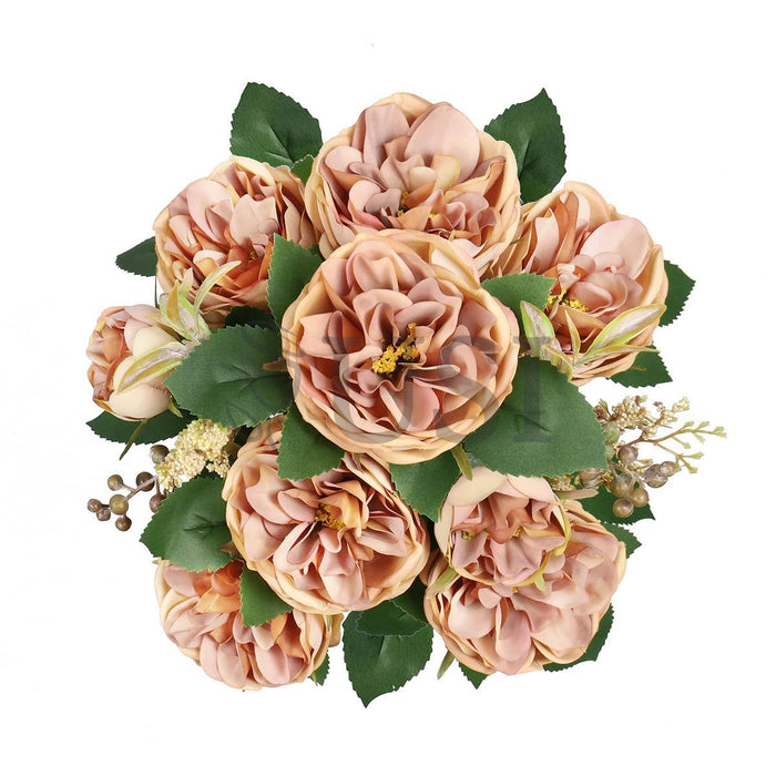 Cabbage Rose Flower Bush w Filler x9, 18in, Cafe