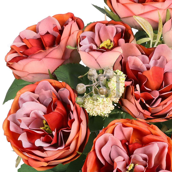 Cabbage Rose Flower Bush w Filler x9, 18in, Red Orange
