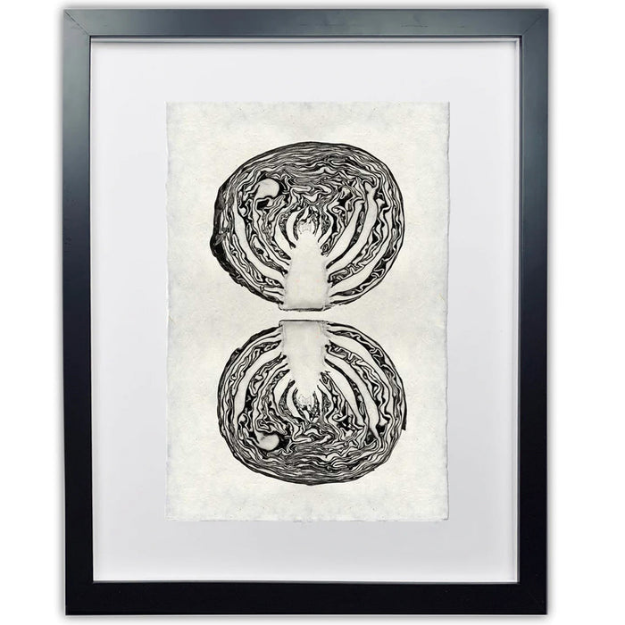 Framed black and white cabbage print on handmade Nepalese paper, featuring a unique worn look.