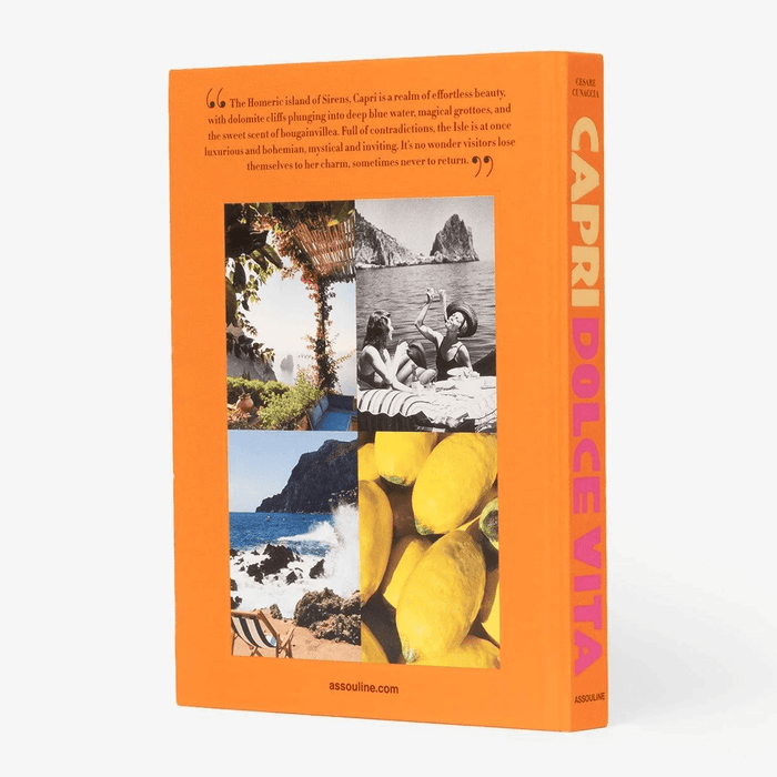 Orange linen hardcover book, "Capri Dolce Vita," with island photos and text on the back cover.