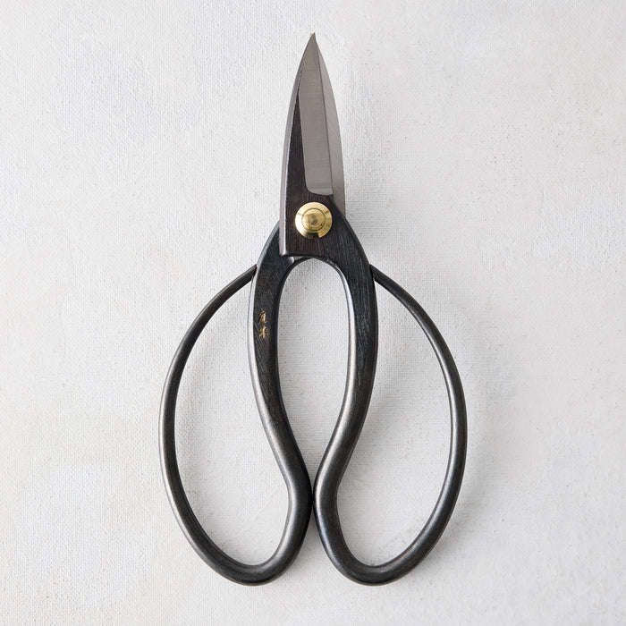 Carbon steel garden shears with dark, curved handles and a brass pivot.