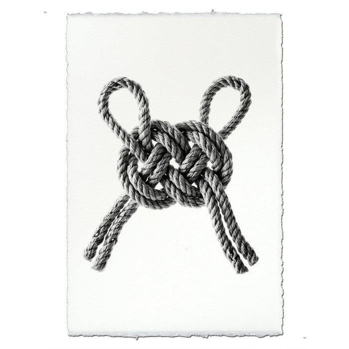 Black and white Carrick Double Bend nautical knot print on handmade Nepalese paper with deckled edges.