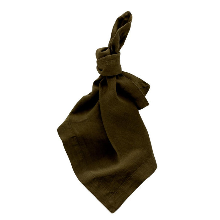 Cedar HG Signature Hand-Dyed Linen Napkin, dark mossy green, 22-inch square, knotted style.