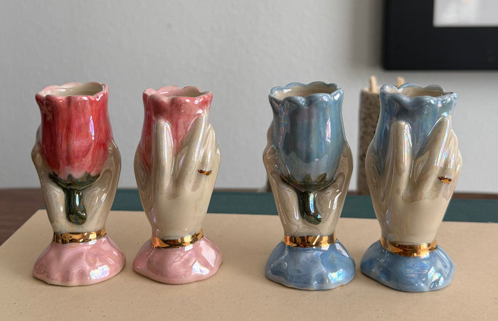 Ceramic hand and flower  candle stick   Holder, handmade, taper candle, real gold