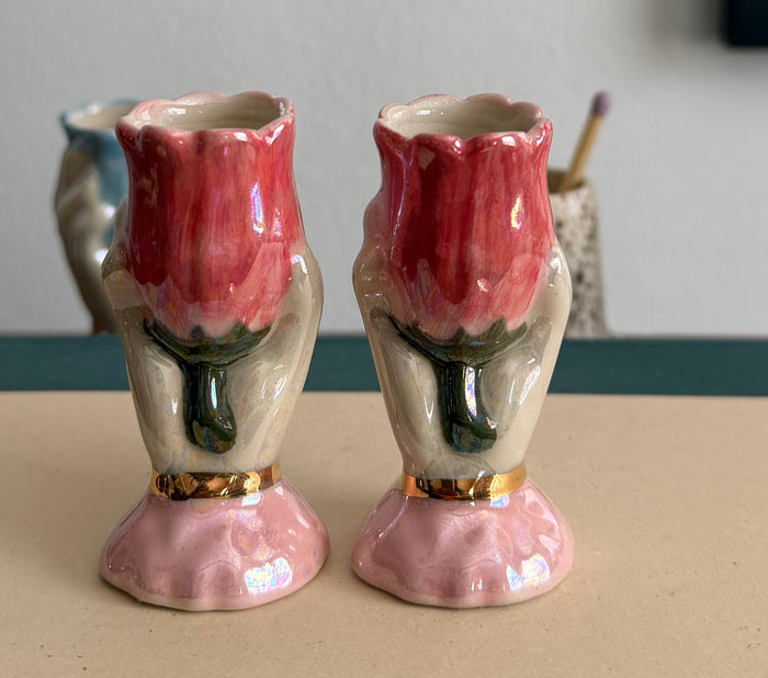 Ceramic hand and flower  candle stick   Holder, handmade, taper candle, real gold