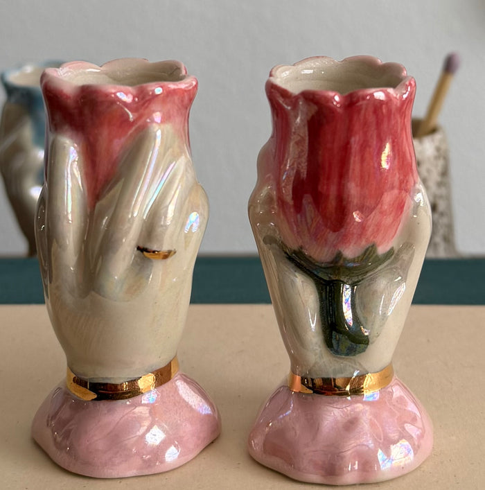 Ceramic hand and flower  candle stick   Holder, handmade, taper candle, real gold