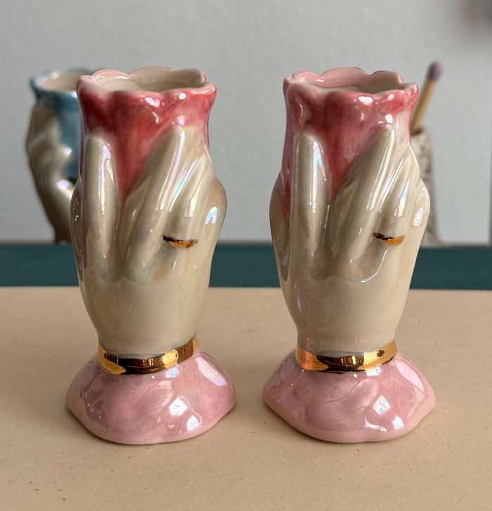 Ceramic hand and flower  candle stick   Holder, handmade, taper candle, real gold