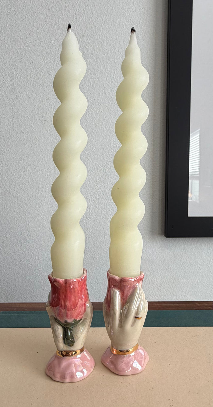 Ceramic hand and flower  candle stick   Holder, handmade, taper candle, real gold