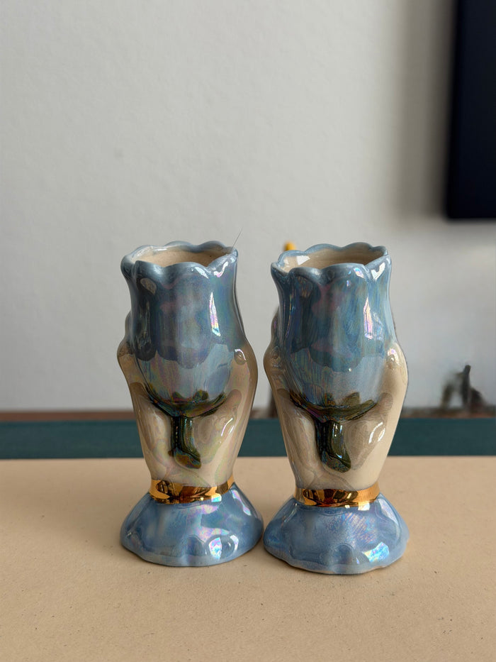 Ceramic hand and flower  candle stick   Holder, handmade, taper candle, real gold
