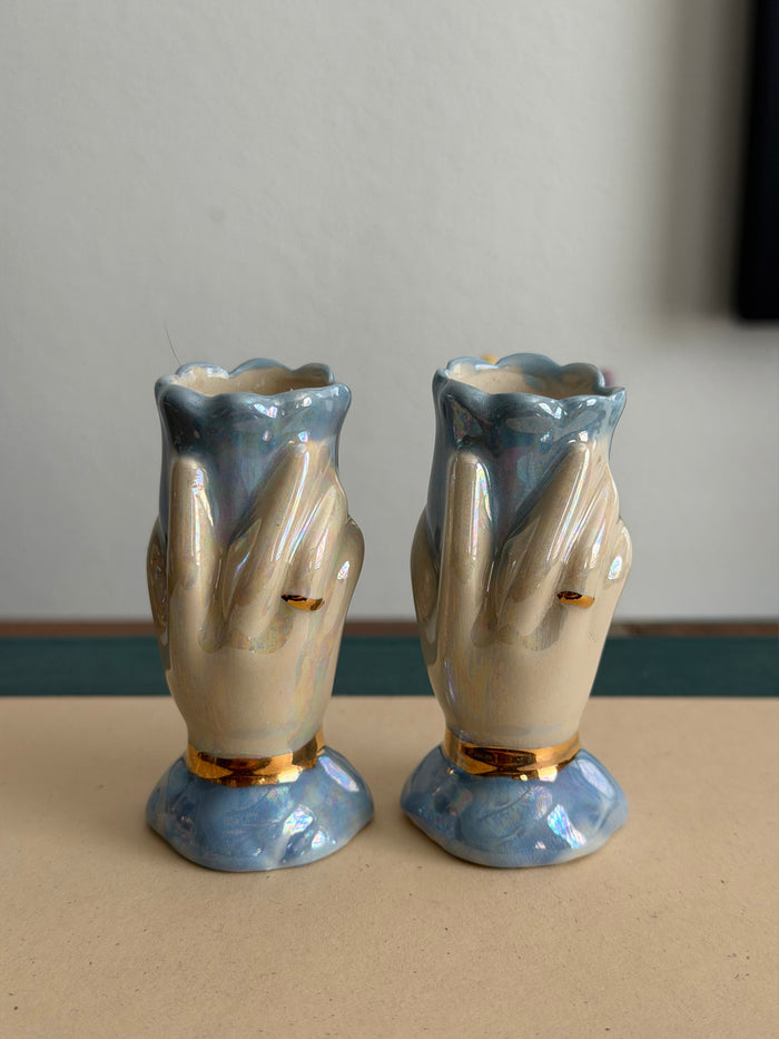 Ceramic hand and flower  candle stick   Holder, handmade, taper candle, real gold