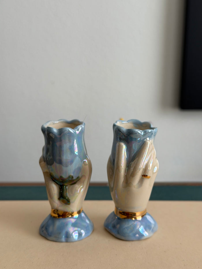 Ceramic hand and flower  candle stick   Holder, handmade, taper candle, real gold