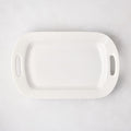 White ceramic serving platter with handles, 11"W x 18"L, from HG Ceramic Medium collection.