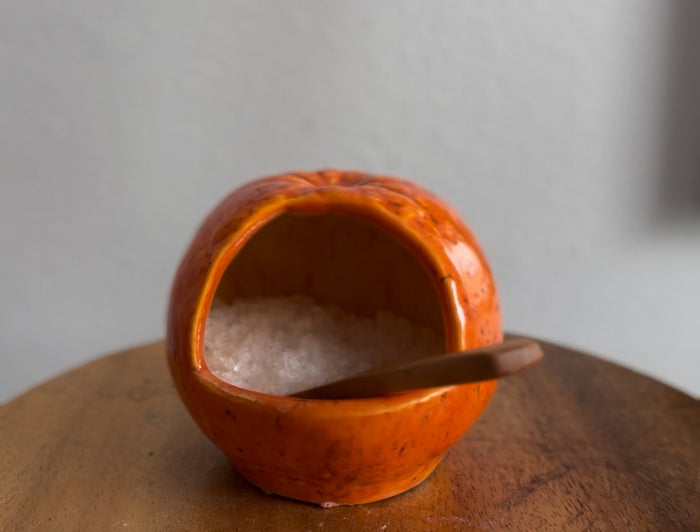 ceramic orange salt cellar, salt pig