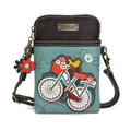 Chala handbag with bicycle design and floral elements on a turquoise vegan leather