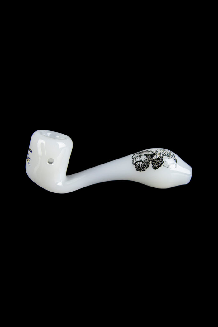 White glass pipe with a detailed skull illustration.