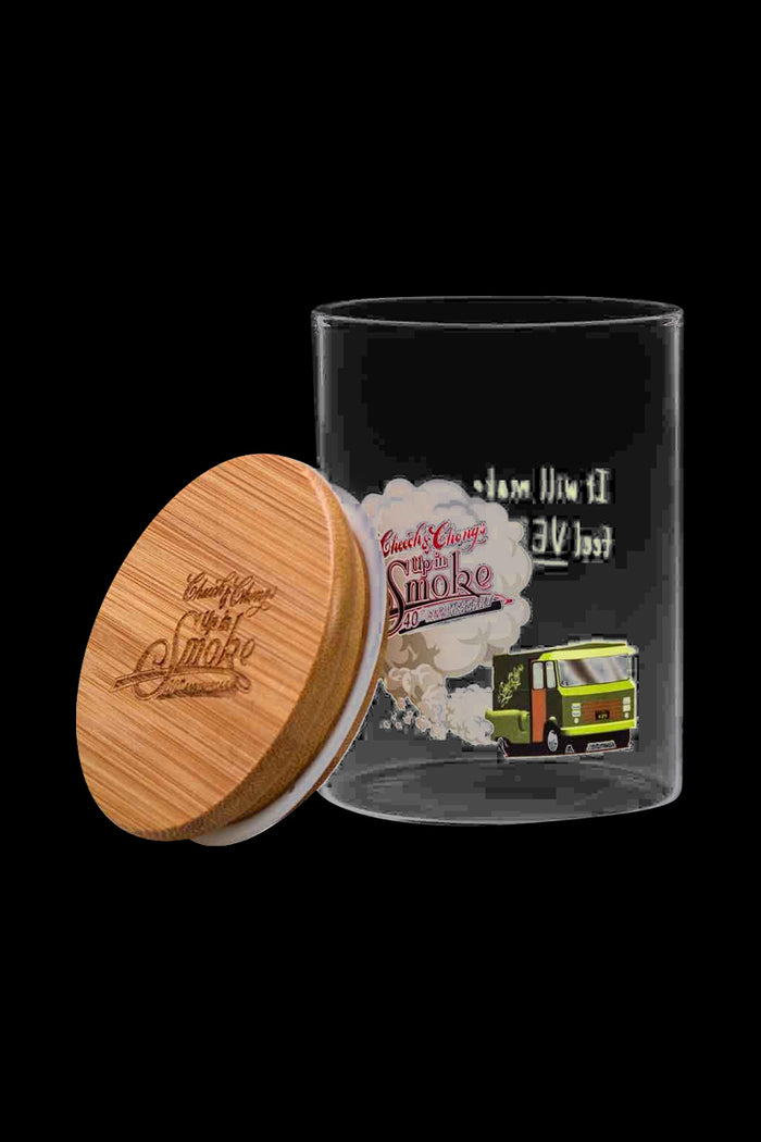 Front view of the Cheech & Chong "Green Van" Stash Jar, showcasing a detailed van illustration on a clear glass container.