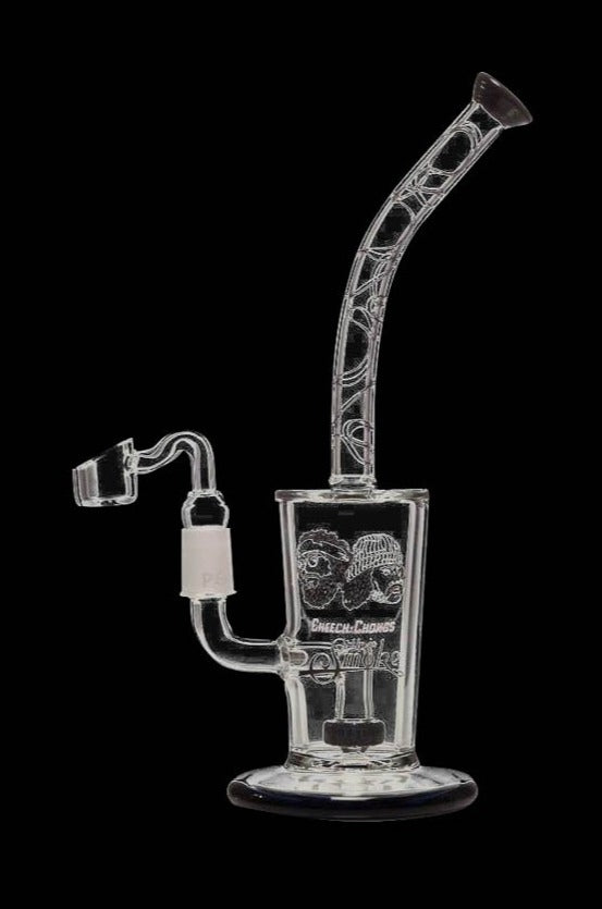 Front view of the Cheech & Chong "Maui Waui" Dab Rig, a clear glass rig with a curved neck and visible joint, set against a black background.