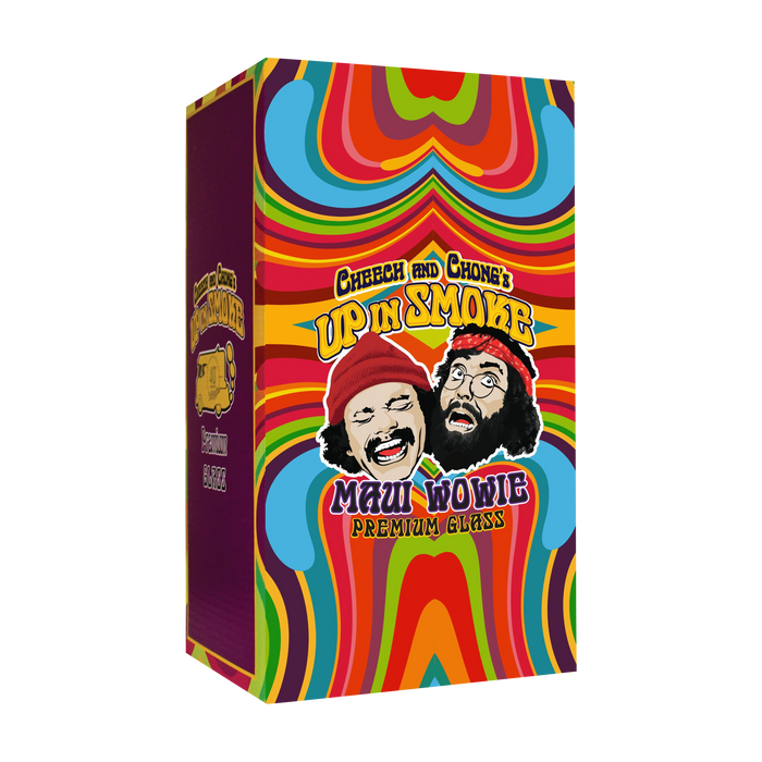 Front view of the Cheech & Chong "Maui Waui" Dab Rig with a vibrant, colorful background and a close-up focus on the glasswork.