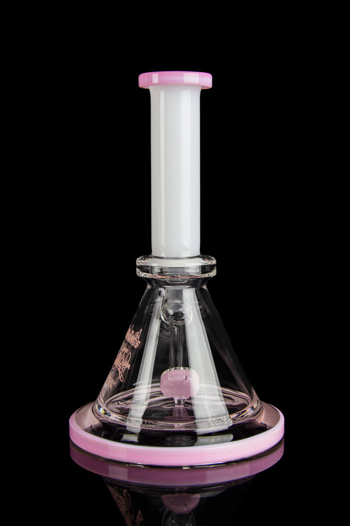 Pink and clear glass rig with intricate designs, used for vaporizing cannabis concentrates.