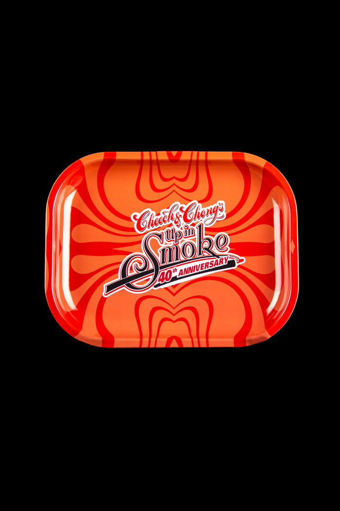 Red metal rolling tray with “Cheech & Chong’s Up in Smoke 40th Anniversary” logo.