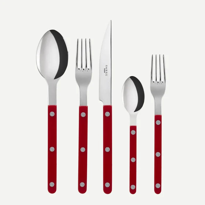 Cherry Red Bistro 5-piece flatware set with 18/10 stainless steel and acrylic handles.