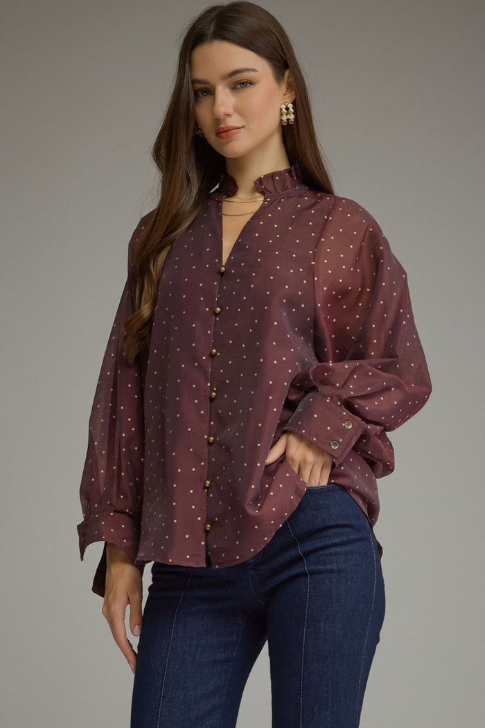 Chocolate Brown Polka Dot Balloon Sleeve Top