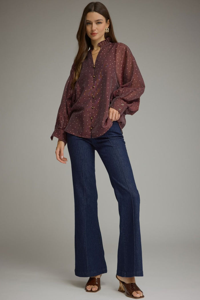 Chocolate Brown Polka Dot Balloon Sleeve Top