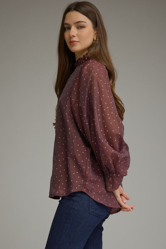 Chocolate Brown Polka Dot Balloon Sleeve Top