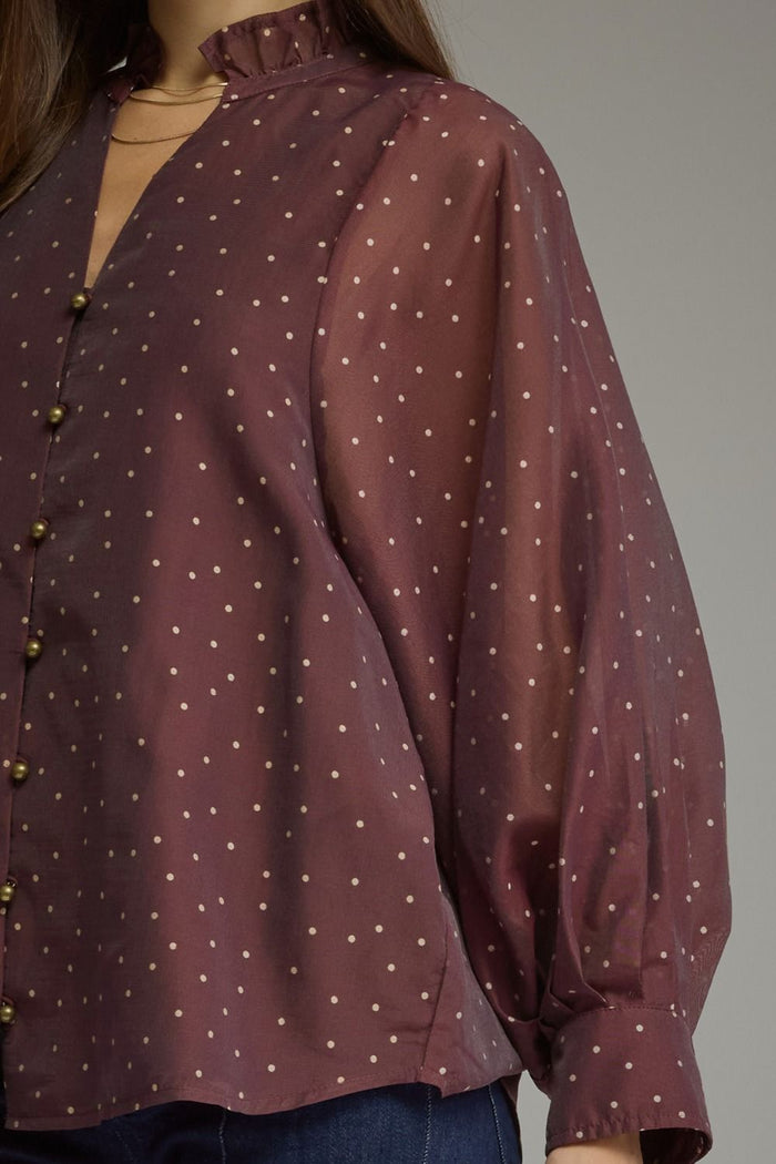 Chocolate Brown Polka Dot Balloon Sleeve Top