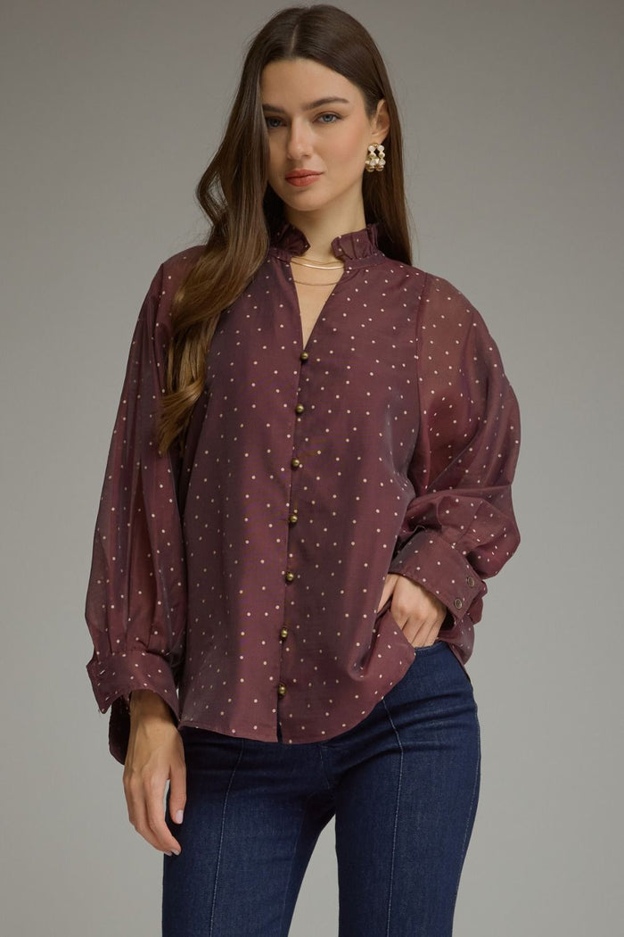 Chocolate Brown Polka Dot Balloon Sleeve Top