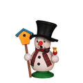 Hand-carved German smoker in the shape of a snowman with a birdhouse and a bird perched on his hand, wearing a black top hat and a red and black plaid scarf.