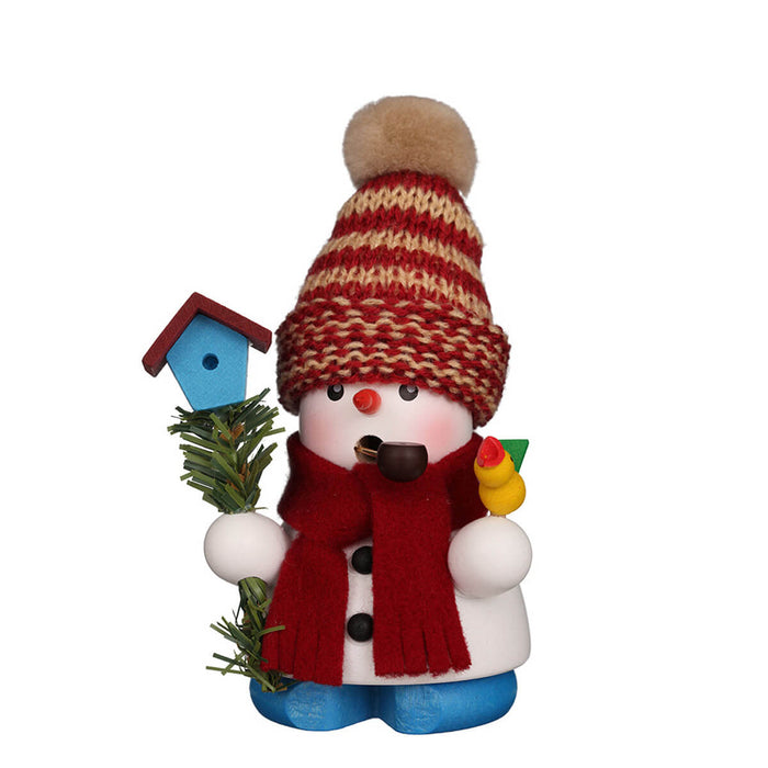 Hand-carved wooden German smoker featuring a snowman with a bird house and a bird.