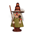 Handcrafted wooden German smoker figurine depicting a woodsman with a hat, staff, and a mushroom.