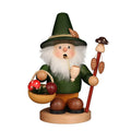 Christian Ulbricht painted woodsman smoker holding walking staff and mushroom basket, handcrafted German incense burner from Erzgebirge