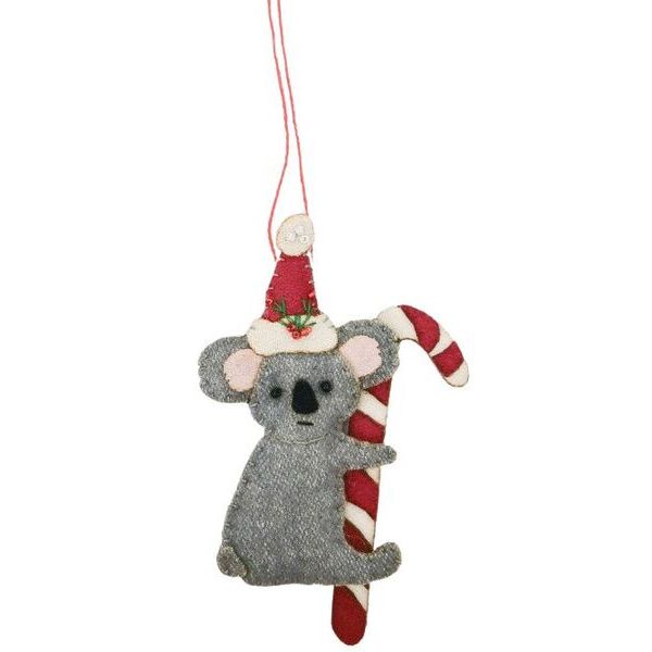 Christmas ornament featuring a koala with a Santa hat and candy cane