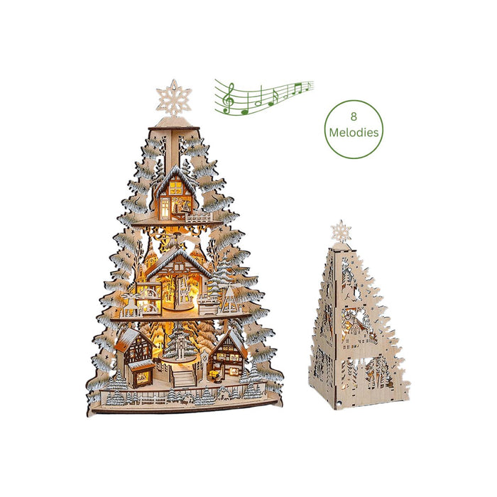 LED Christmas corner tree with rotating pyramids, village scenes, warm lighting, and holiday music