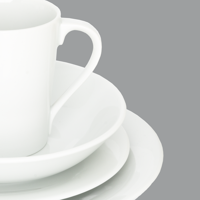 HG City White Porcelain Cereal Bowl, 8" diameter, with matching dinnerware stack.