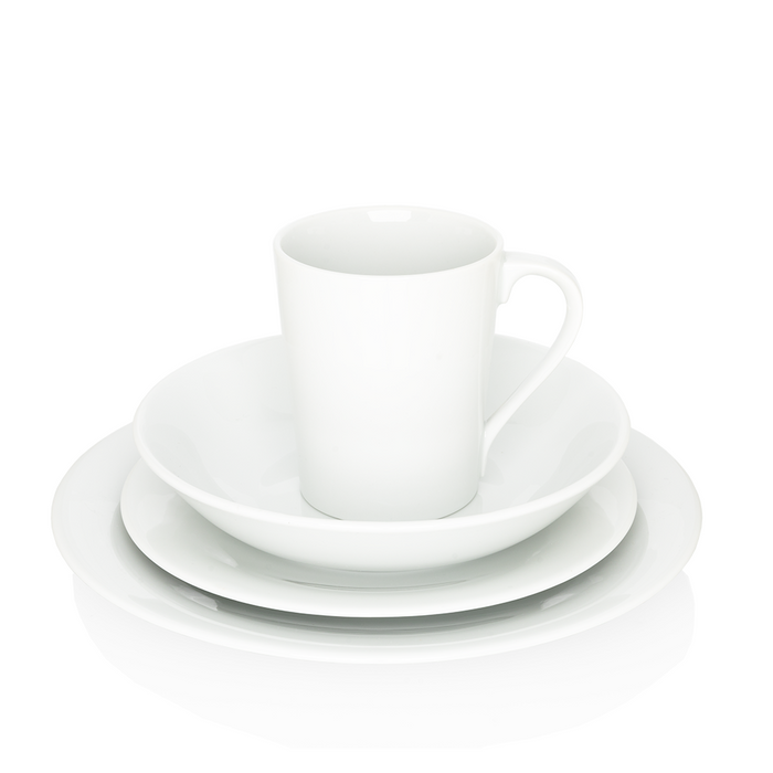 HG City White Porcelain Cereal Bowl, 8" diameter, with matching dinner plate and mug.