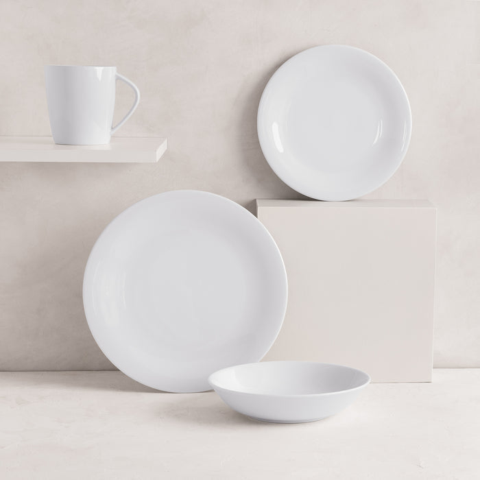 HG City White Porcelain Salad Plate, dinner plate, bowl, and mug on shelves.
