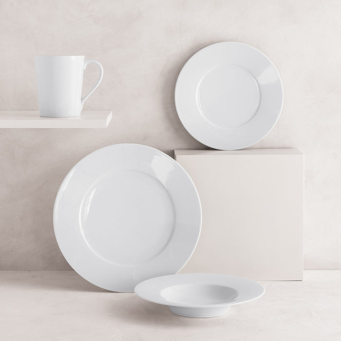 HG Classic white porcelain soup bowl/plate with wide rim, 9" diameter, with other dinnerware.