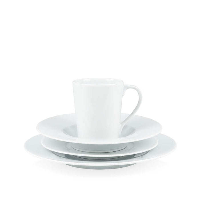 HG Classic white porcelain dinnerware set: mug, soup bowl, and dinner plate.