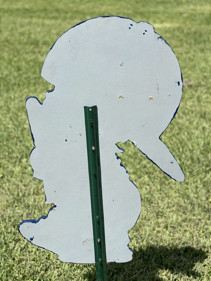 Back of child baseball yard art sign showign a solid color and the metal sign stake to place in the yard.