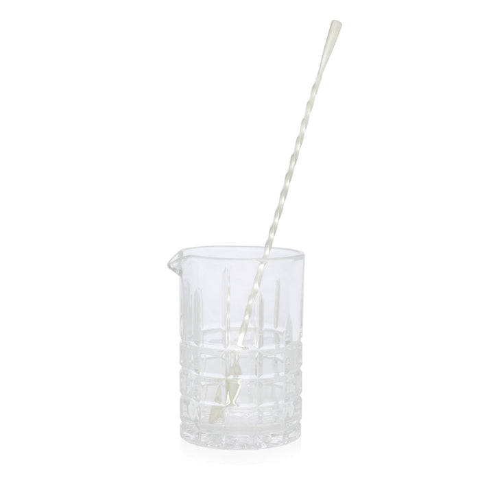 Clear square-cut crystal cocktail mixing glass with pour spout and silverplate long bar stirrer.