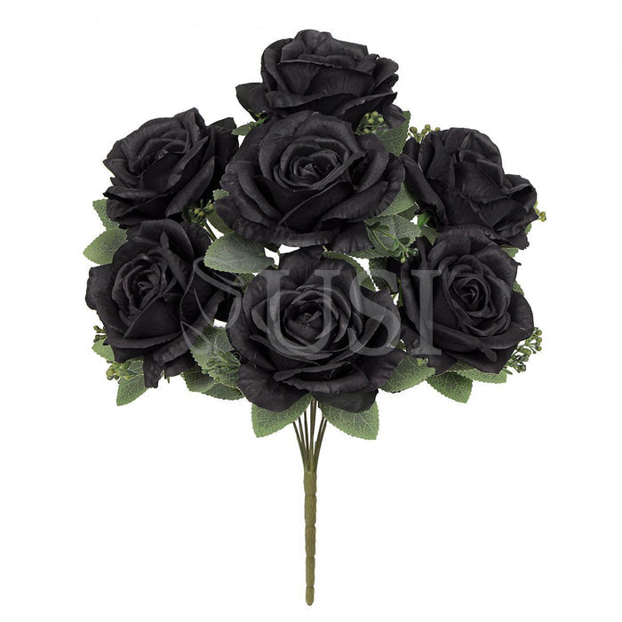 Deluxe Elegant Rose Flower Bush w Filler x7, 17in, Black