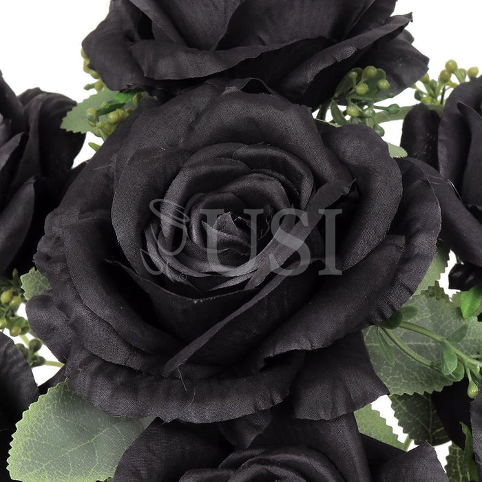 Deluxe Elegant Rose Flower Bush w Filler x7, 17in, Black
