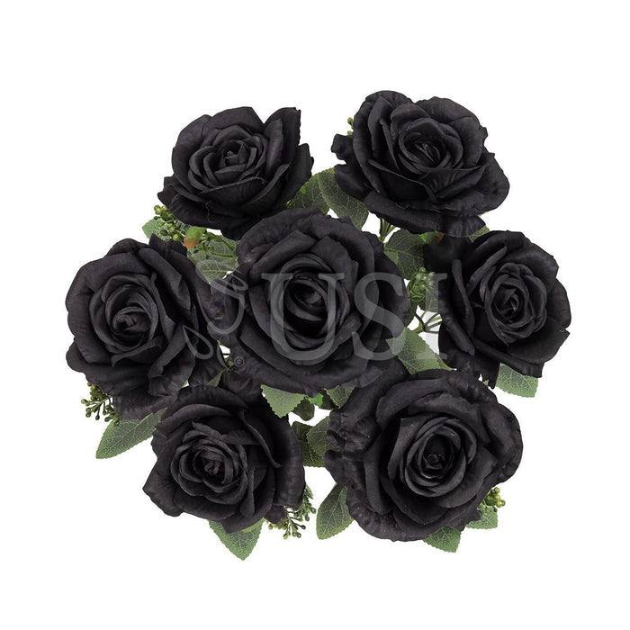 Deluxe Elegant Rose Flower Bush w Filler x7, 17in, Black