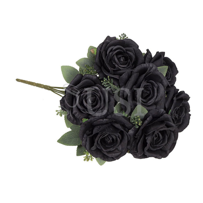 Deluxe Elegant Rose Flower Bush w Filler x7, 17in, Black