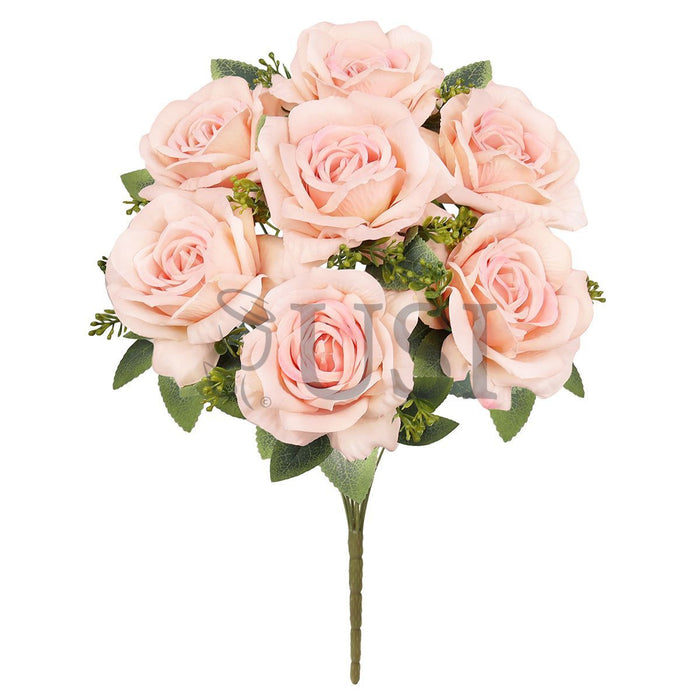Deluxe Elegant Rose Flower Bush w Filler x7, 17in, Blush Peach