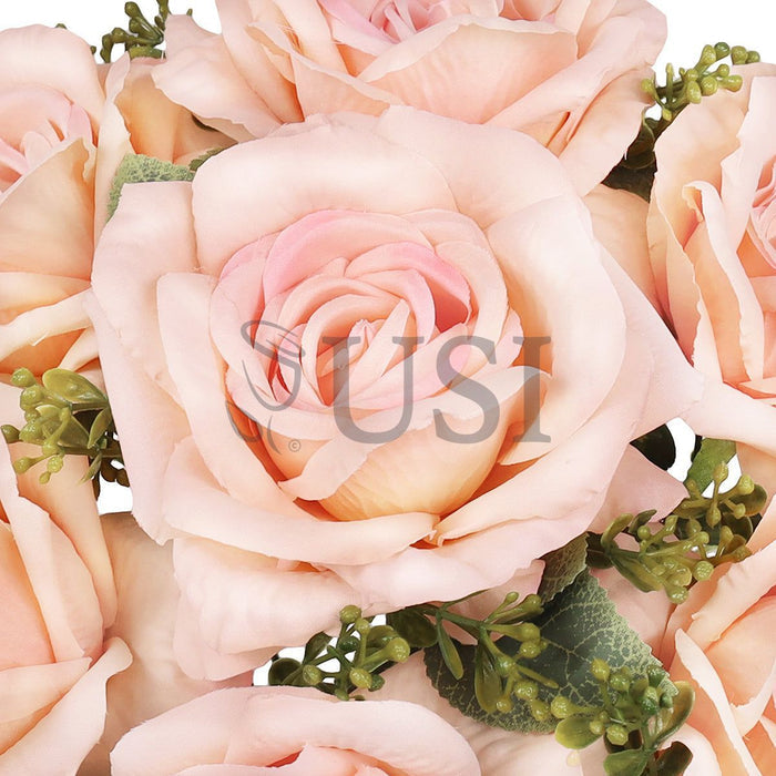 Deluxe Elegant Rose Flower Bush w Filler x7, 17in, Blush Peach
