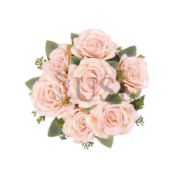 Deluxe Elegant Rose Flower Bush w Filler x7, 17in, Blush Peach